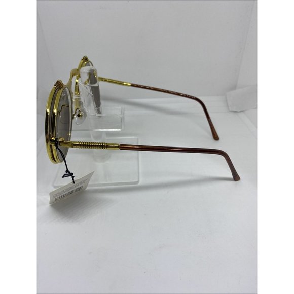 Vintage Retro Flip-up Steampunk Sunglasses Gold Frame Brown Lens Classic Round - Picture 7 of 7